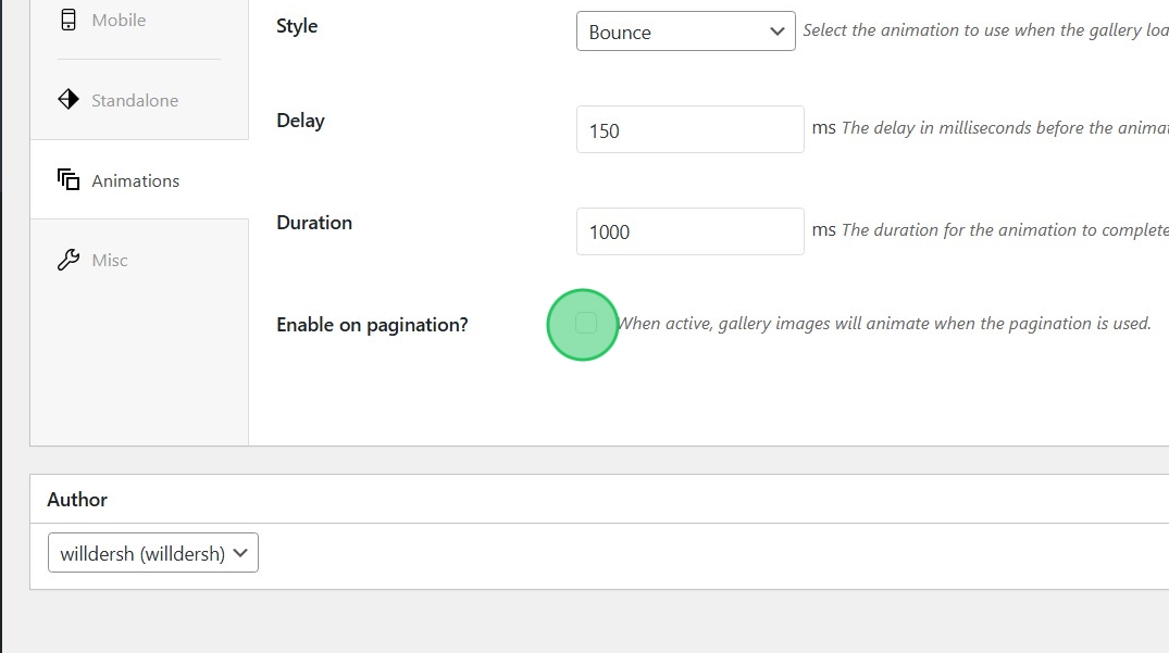 enable animations with pagination checkbox