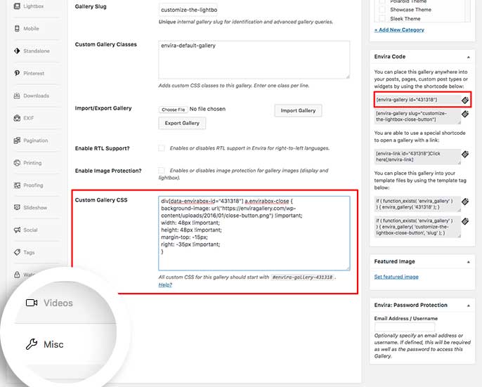 Add the CSS to the Misc Tab in the Custom Gallery CSS box to customize the lightbox close button