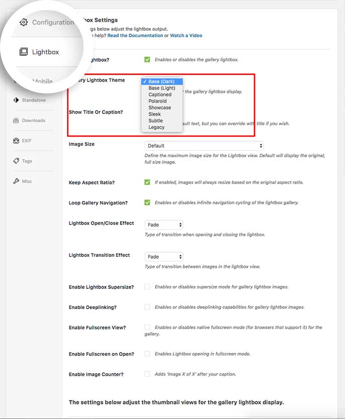 On the Lightbox tab, select the gallery theme for your gallery