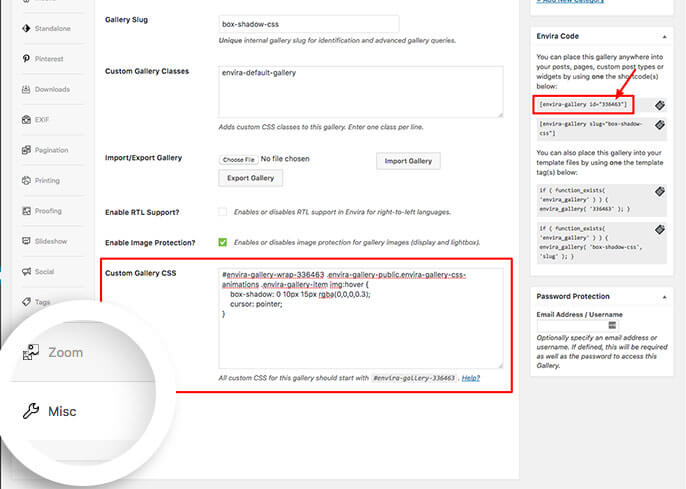 Add your box shadow CSS to the Misc tab of the gallery to style gallery images on hover
