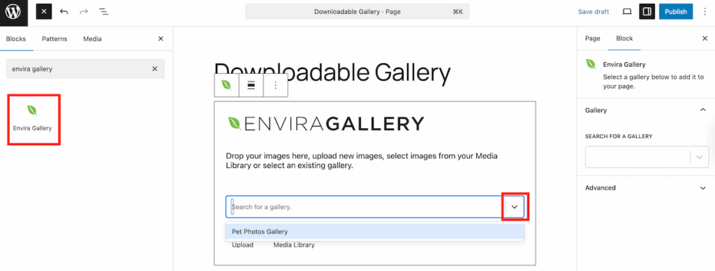 Selecting a gallery in the Envira Gallery block