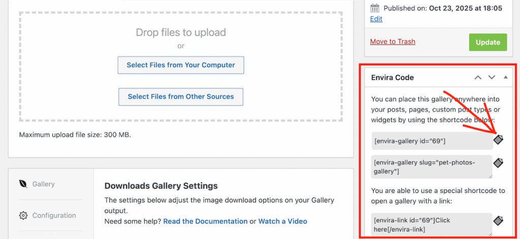 copying Envira Gallery shortcodes