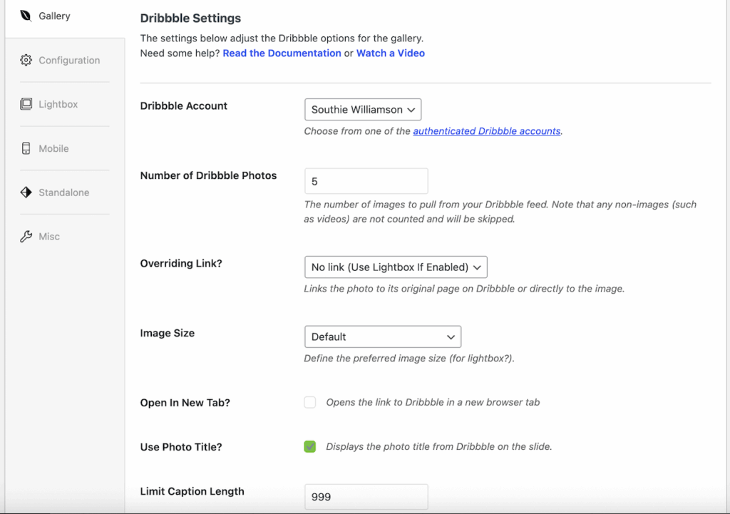 Settings for Dribbble gallery in Envira