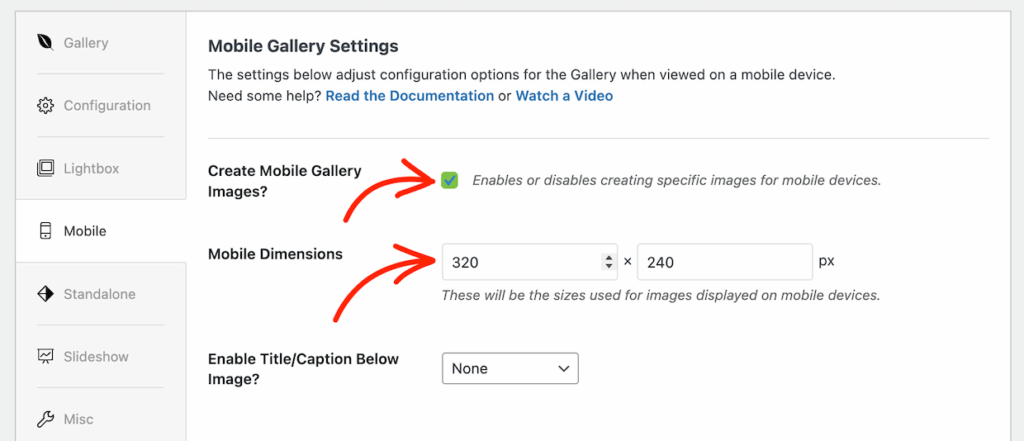 Envira Mobile gallery settings