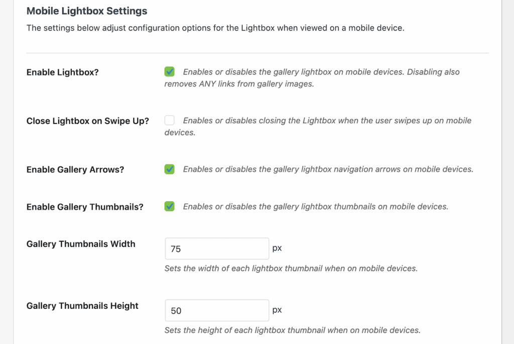 Envira Mobile lightbox settings
