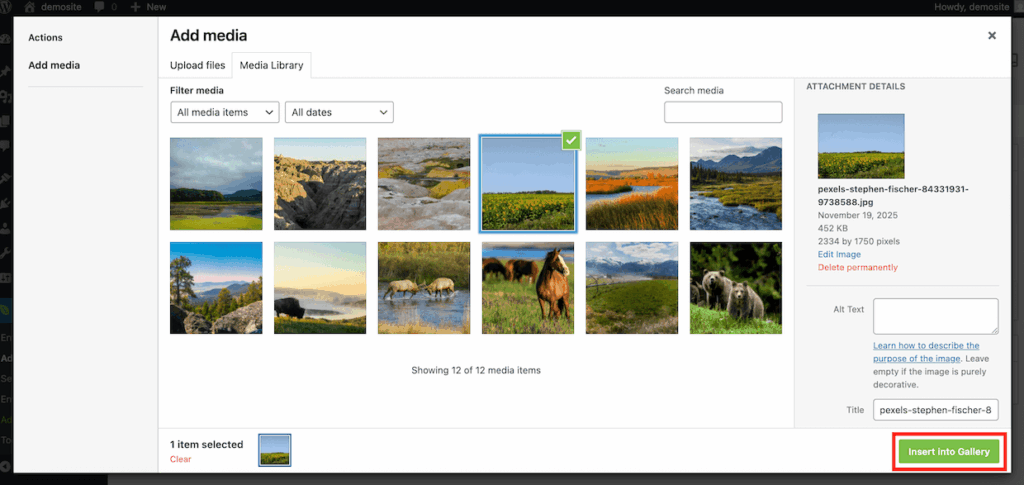 Inserting images into a slideshow gallery in Envira