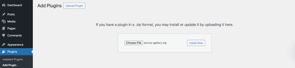 Upload Envira Gallery plugin zip file